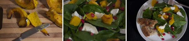 Una volta che la zucca sarà cotta e raffreddata leggermente sarà facilissimo pelarla dalla buccia: incidete con un coltello una delle estremità e sbucciatela come se fosse una banana. Componete la vostra insalata con gli spinaci, il formaggio tagliato in pezzi, la zucca e il melograno. Condite con sale ed olio e servite con qualche fetta di un pane scuro, che si abbina molto bene a questo piatto.