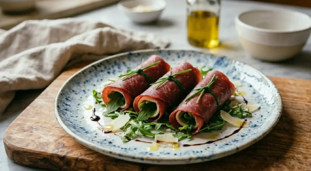 Piatto finito di involtini di bresaola farciti con formaggio e rucola, legati con erba cipollina e serviti su un letto di rucola con scaglie di parmigiano e glassa balsamica.