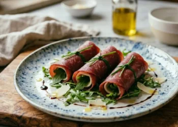 Piatto finito di involtini di bresaola farciti con formaggio e rucola, legati con erba cipollina e serviti su un letto di rucola con scaglie di parmigiano e glassa balsamica.