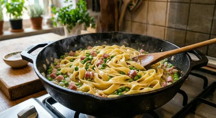 Una volta che le tagliatelle sono cotte, scolatele e versatele nella pentola in cui sono stati fatti cuocere i piselli insieme al prosciutto. Mescolate bene a fuoco vivo per circa un minuto, eventualmente aggiungendo un filo di olio, e servite subito in tavola.