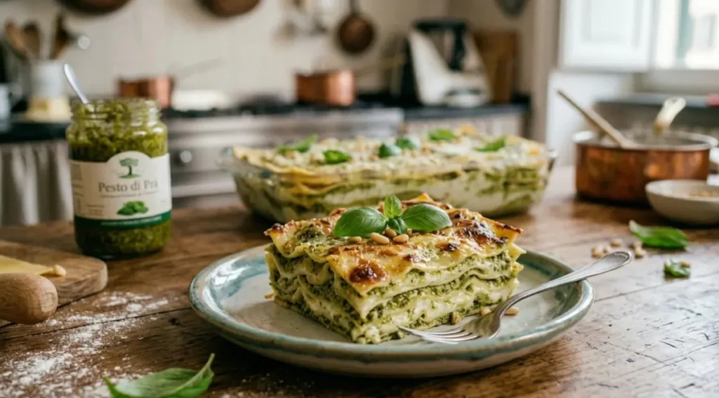 Una porzione quadrata di lasagne al pesto con crosticina gratinata dorata, servita su un piatto azzurro artigianale. Si vedono chiaramente gli strati di pasta, pesto e besciamella, guarniti con foglie di basilico e pinoli.