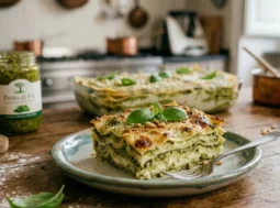 Una porzione quadrata di lasagne al pesto con crosticina gratinata dorata, servita su un piatto azzurro artigianale. Si vedono chiaramente gli strati di pasta, pesto e besciamella, guarniti con foglie di basilico e pinoli.