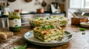 Porzione singola di lasagne al pesto cremosissime Una porzione quadrata di lasagne al pesto con crosticina gratinata dorata, servita su un piatto azzurro artigianale. Si vedono chiaramente gli strati di pasta, pesto e besciamella, guarniti con foglie di basilico e pinoli.