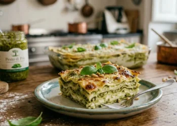 Una porzione quadrata di lasagne al pesto con crosticina gratinata dorata, servita su un piatto azzurro artigianale. Si vedono chiaramente gli strati di pasta, pesto e besciamella, guarniti con foglie di basilico e pinoli.