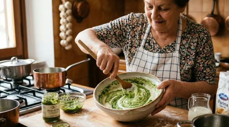 In una ciotola piuttosto capiente versate la besciamella, unite il pesto genovese e mescolate bene in modo tale da far amalgamare i due composti.