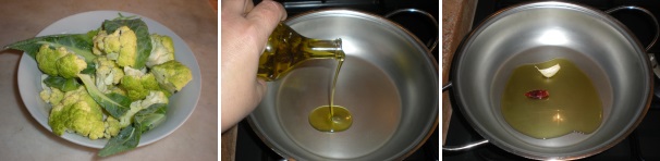 Pulite il cavolfiore, tagliatelo a cimette e lavatelo molto bene in acqua fredda. Mettete sul fuoco una pentola con abbondante acqua salata e portatela ad ebollizione. Versate 3 cucchiai di olio extravergine di oliva in una casseruola, unite lo spicchio di aglio vestito ed il peperoncino piccante.
 