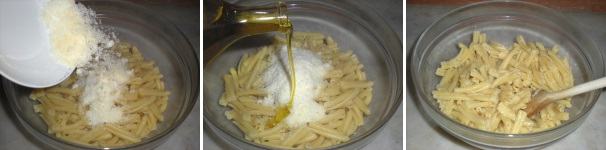 Spolverizzate la pasta bollente con il grana grattugiato. Condite con un cucchiaio di olio extravergine di oliva e mescolate bene.