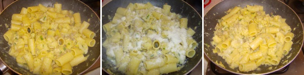 Lessate la pasta in acqua salata e scolatela molto al dente, in modo da finire la cottura nel condimento con qualche bicchiere di acqua di cottura della stessa. Una volta pronta mantecate il tutto con il grana grattugiato e il pecorino romano e servite il piatto molto caldo.