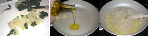 Tagliate a pezzetti le coste. Versate l’olio extravergine di oliva in una padella antiaderente ed unite la cipolla. Lasciate scaldare l’olio e fate dorare la cipolla per un paio di minuti.