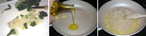 Tagliate a pezzetti le coste. Versate l’olio extravergine di oliva in una padella antiaderente ed unite la cipolla. Lasciate scaldare l’olio e fate dorare la cipolla per un paio di minuti.