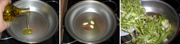 Mettete sul fuoco una pentola con abbondante acqua salata e portatela ad ebollizione. Versate in una casseruola l’olio extravergine di oliva. Unite gli spicchi di aglio pelati ed interi insieme al peperoncino. Lasciate scaldare l’olio e poi unite le puntarelle pulite, lavate e tagliate a listerelle.