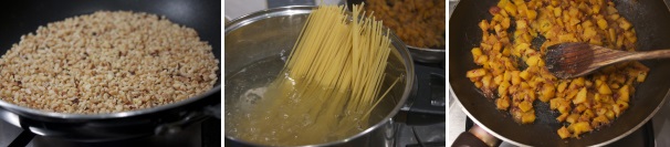 In un padella tostate le nocciole ridotte in granella. Cuocete e scolate la pasta, tenendo da parte un po’ di acqua di cottura. Schiacciate leggermente la zucca utilizzando un mestolo di legno o una forchetta.