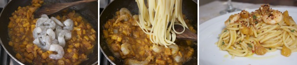 Aggiungete i gamberetti alla zucca ormai cucinata e mantecate all’interno la pasta scolata al dente. Servite con un filo d’olio a crudo e una spolverata di granella di nocciole.