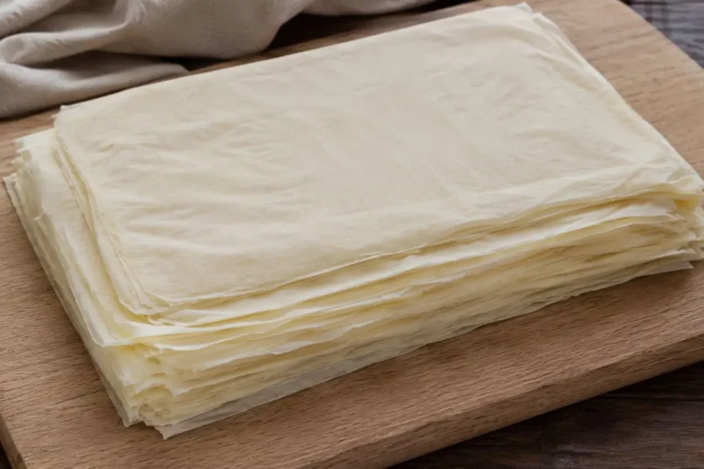 Pasta fillo fatta in casa pronta per essere utilizzata Pila di sfoglie di pasta fillo fatta in casa pronta per essere utilizzata su tagliere in legno.