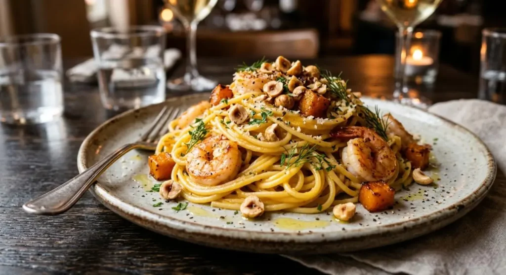 Piatto di spaghetti con crema e dadini di zucca, gamberetti scottati e granella di nocciole tostate