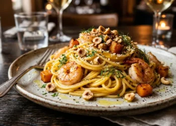 Piatto di spaghetti con crema e dadini di zucca, gamberetti scottati e granella di nocciole tostate
