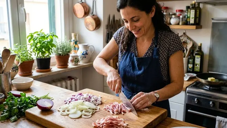 Tritate la cipolla e tagliate il prosciutto a listarelle, non molto sottili.