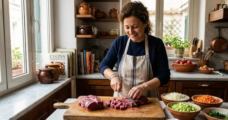 Tagliate la polpa di manzo a cubetti non molto grandi. Tritate la cipolla, tagliate a cubetti piccoli la carota e il sedano.
