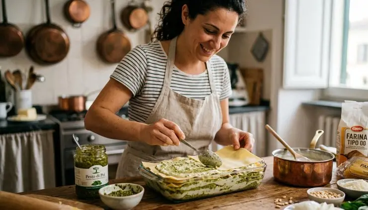 Prendete una teglia rettangolare e versate sul fondo tre-quattro cucchiai del composto di besciamella e pesto, stendetelo bene e coprite con uno strato di lasagne. Formate uno strato di crema al pesto, una spolverata di formaggio grattugiato e uno strato di lasagne.
