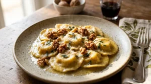 Piatto di ravioli di zucca e ricotta fatti in casa conditi con burro, salvia e noci croccanti