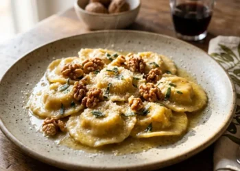 Piatto di ravioli di zucca e ricotta fatti in casa conditi con burro, salvia e noci croccanti