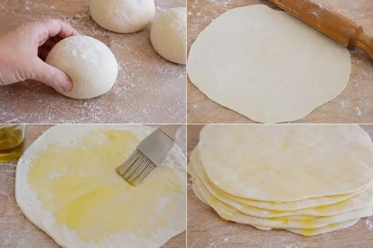 Una volta trascorso il tempo indicato, prendete una pallina di impasto alla volta e ricavate delle sfoglie quanto più sottili possibile. Sovrapponete le varie sfoglie, avendo cura di ungerle con dell’olio, e procedete alla preparazione della vostra ricetta.