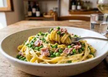 Piatto di tagliatelle cremose con piselli freschi e roselline di prosciutto cotto su un tavolo in legno.