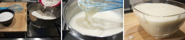 Per preparare la crema al burro riscaldate in un pentolino il latte con lo zucchero semolato e la farina rimasti, cuocete finché il composto sarà diventato denso e comincerà a bollire. Trasferitelo poi in una ciotola, copritelo con pellicola e fatelo raffreddare completamente.