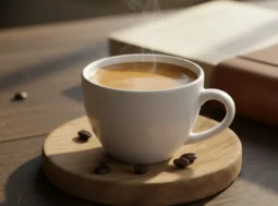 Una tazzina di caffè espresso fumante su un tavolo di legno accanto a un libro aperto, simbolo dei benefici della caffeina per la memoria.