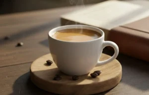 Una tazzina di caffè espresso fumante su un tavolo di legno accanto a un libro aperto, simbolo dei benefici della caffeina per la memoria.