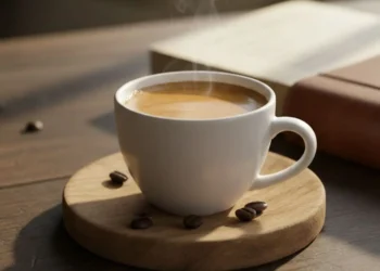 Una tazzina di caffè espresso fumante su un tavolo di legno accanto a un libro aperto, simbolo dei benefici della caffeina per la memoria.