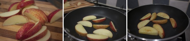 Tagliate la mela a spicchi, privandola del torsolo interno, e tostatela in una padella precedentemente riscaldata, finché sarà ben colorita ma non cotta. Servite la zuppa con le mele ed un filo d’olio extravergine di oliva.
 