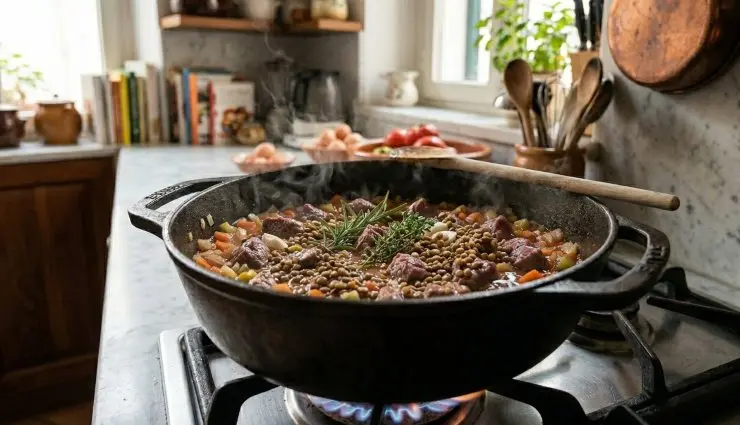 Aggiungete le lenticchie precotte, aggiustate di sale e proseguite la cottura per altri 15-20 minuti circa, sempre mescolando e eventualmente aggiungendo dell’altro brodo, anche in base alla densità che volete ottenere. Servite la zuppa ben calda, con un filio di olio di oliva a crudo, magari accompagnandola con dei crostini di pane.