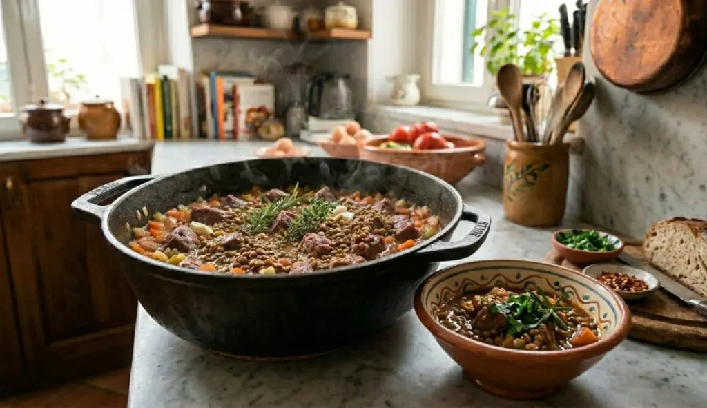 Zuppa di lenticchie e spezzatino pronta da servire. Un'invitante zuppa di lenticchie con spezzatino di manzo servita in una ciotola di terracotta, con accanto una casseruola di ghisa e pane casereccio a fette.