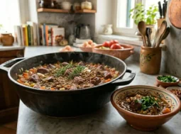 Un'invitante zuppa di lenticchie con spezzatino di manzo servita in una ciotola di terracotta, con accanto una casseruola di ghisa e pane casereccio a fette.