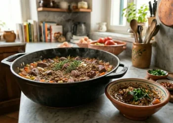 Un'invitante zuppa di lenticchie con spezzatino di manzo servita in una ciotola di terracotta, con accanto una casseruola di ghisa e pane casereccio a fette.