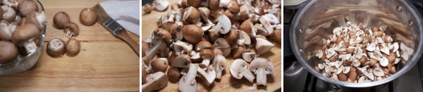 Pulite i funghi utilizzando un pennello o un po’ di carta assorbente e un po’ d’acqua, spennellando via lo sporco. Tagliateli poi a metà e sistemateli in una pentola con un filo d’olio, 100 millilitri d’acqua, un pizzico di sale e lasciateli cucinare a fuoco bassissimo con il coperchio.