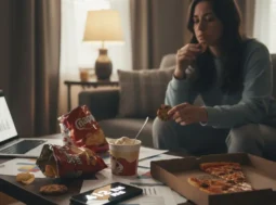 Una donna seduta sul divano mangia biscotti circondata da junk food come pizza, patatine e gelato; sul tavolo sono presenti grafici di lavoro e uno smartphone che segna le 4:12 PM, illustrando il fenomeno delle abbuffate compulsive da stress.