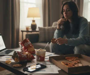 Una donna seduta sul divano mangia biscotti circondata da junk food come pizza, patatine e gelato; sul tavolo sono presenti grafici di lavoro e uno smartphone che segna le 4:12 PM, illustrando il fenomeno delle abbuffate compulsive da stress.
