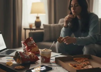 Una donna seduta sul divano mangia biscotti circondata da junk food come pizza, patatine e gelato; sul tavolo sono presenti grafici di lavoro e uno smartphone che segna le 4:12 PM, illustrando il fenomeno delle abbuffate compulsive da stress.