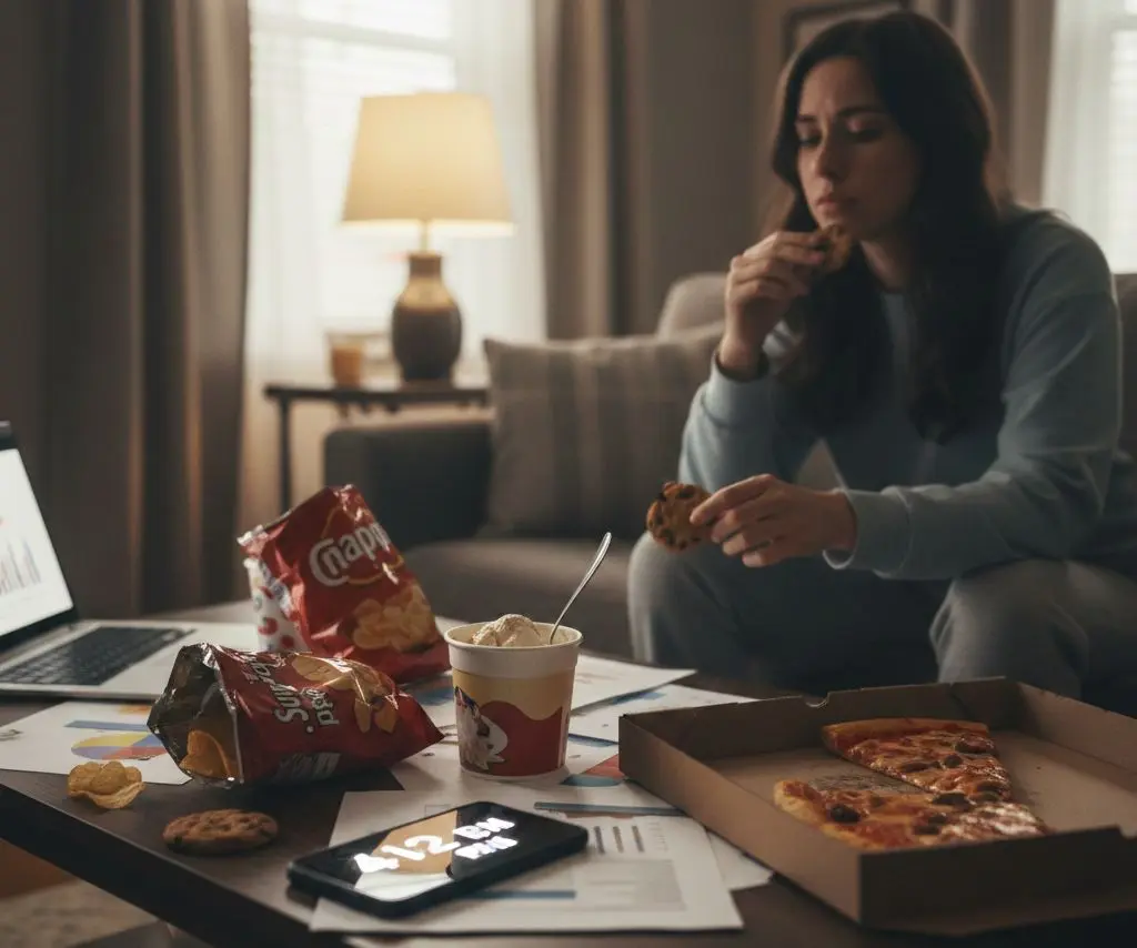 Una donna seduta sul divano mangia biscotti circondata da junk food come pizza, patatine e gelato; sul tavolo sono presenti grafici di lavoro e uno smartphone che segna le 4:12 PM, illustrando il fenomeno delle abbuffate compulsive da stress.