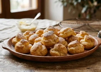 Vassoio in terracotta con bignè di pasta choux dorati e gonfi spolverati di zucchero a velo