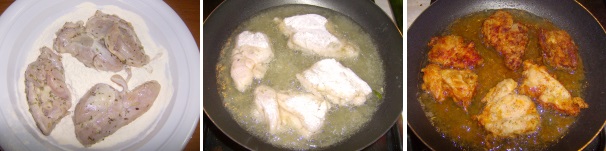 Passate i pezzetti di pollo nella farina e tuffateli nell’olio bollente, cuoceteli qualche minuto per lato fino a che non saranno belli dorati e croccanti, dopodichè tirateli fuori dall’olio e terminate la cottura al forno per una decina di minuti a 250 °C.