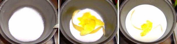 In un pentolino versate lo zucchero, successivamente pelate il limone, unite le bucce allo zucchero, coprite con 400 millilitri di latte e mettete tutto sul fuoco fino a far sfiorare il bollore.