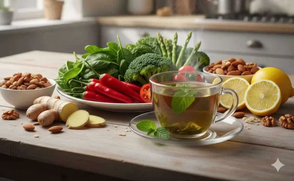 Composizione di cibi brucia grassi naturali su un tavolo di legno: tè verde, peperoncino, zenzero, broccoli e frutta secca in una cucina luminosa.