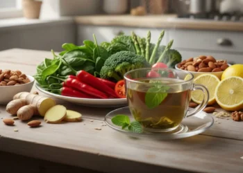 Composizione di cibi brucia grassi naturali su un tavolo di legno: tè verde, peperoncino, zenzero, broccoli e frutta secca in una cucina luminosa.