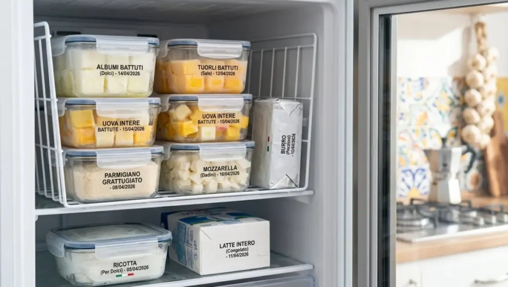 Esempio di organizzazione freezer con uova battute, mozzarella a cubetti e formaggi etichettati in contenitori ermetici.