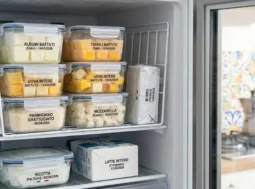 Esempio di organizzazione freezer con uova battute, mozzarella a cubetti e formaggi etichettati in contenitori ermetici.