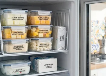Esempio di organizzazione freezer con uova battute, mozzarella a cubetti e formaggi etichettati in contenitori ermetici.