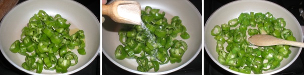 Aggiungete i peperoncini verdi dolci tagliati ad anello, spolverizzate con il sale e mescolate.